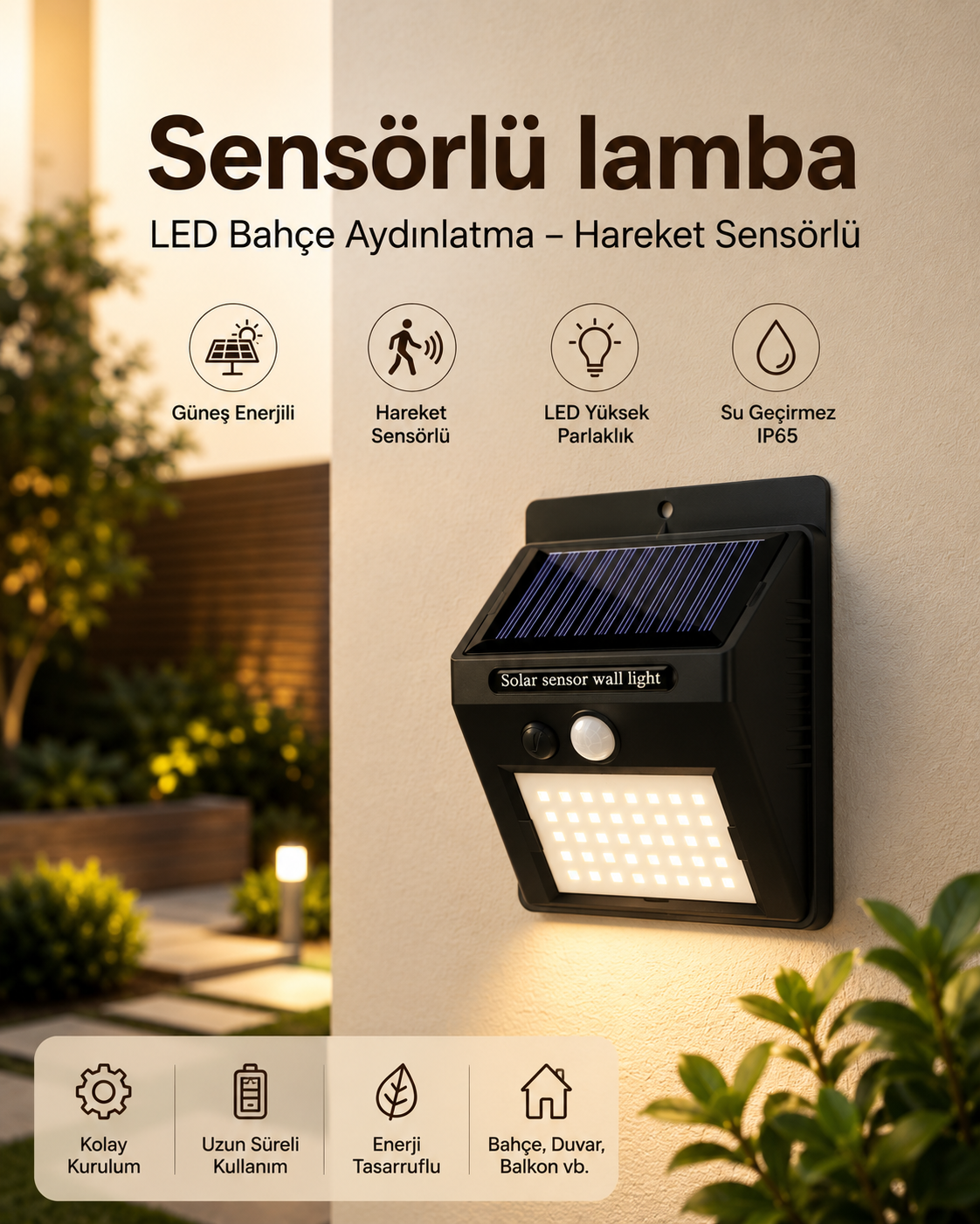 Sensörlü, Güneş Enerjili LED Duvar Lambası Bahçe ve Balkon Aydınlatma - Lisinya Sensörlü, Güneş Enerjili LED Duvar Lambası Bahçe ve Balkon Aydınlatma - Lisinya