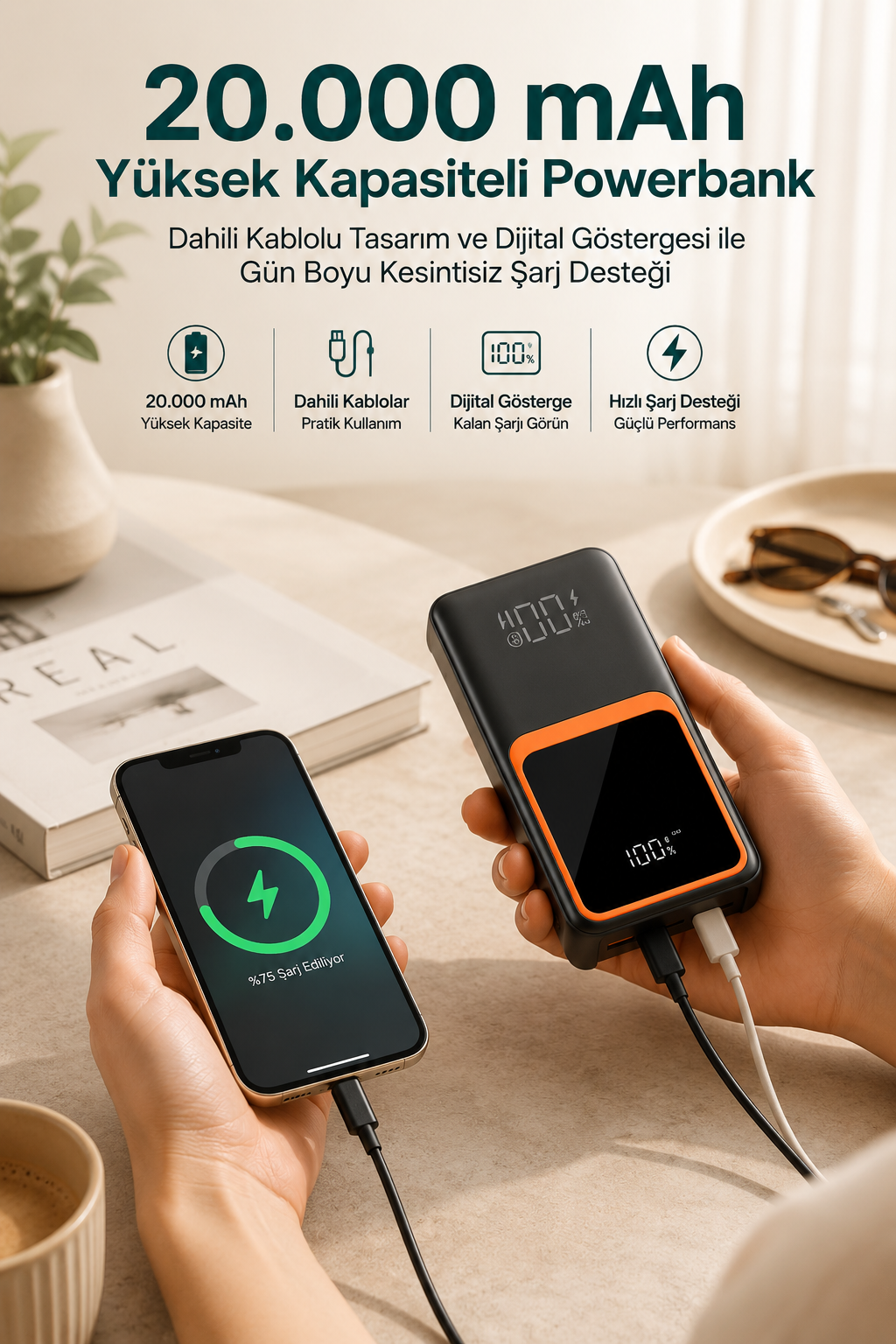 20.000 mAh Taşınabilir Şarj Cihazı Dijital Göstergeli Kablolu Powerbank - Lisinya 20.000 mAh Taşınabilir Şarj Cihazı Dijital Göstergeli Kablolu Powerbank - Lisinya