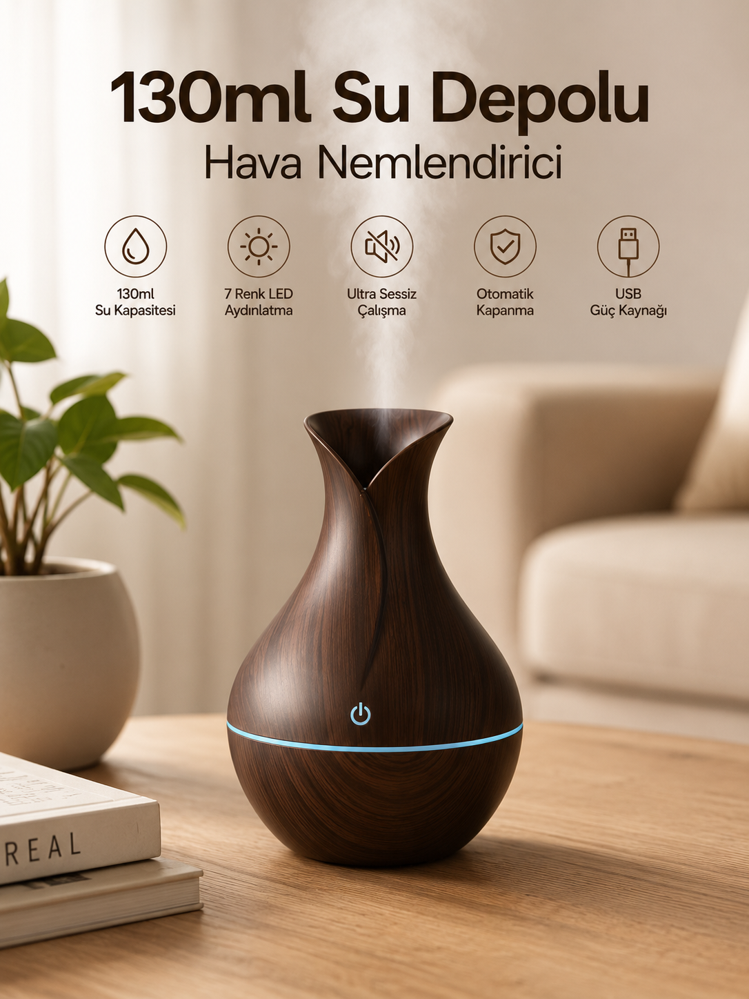130ml Aromaterapi Difüzörü Hava Nemlendirici 7 Renk LED Işıklı - Lisinya