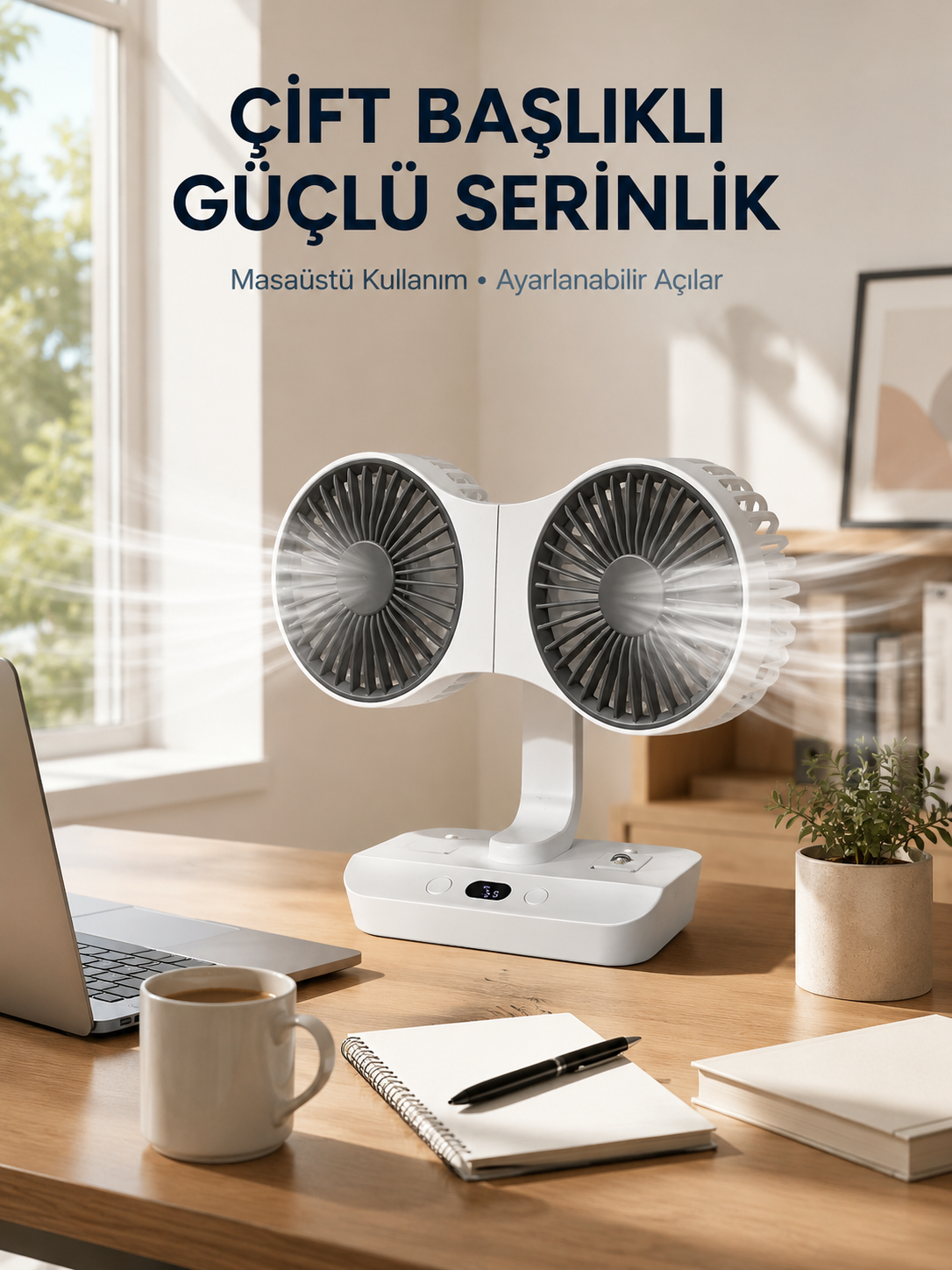 Duvara Monte Edilebilen Çift Başlıklı Sessiz Masa Fanı - Lisinya