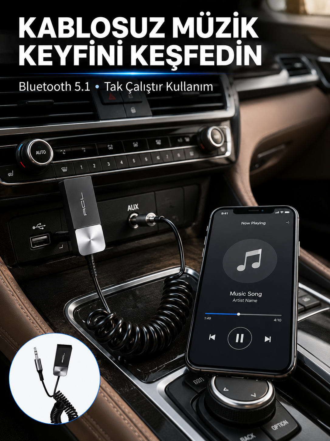 USB AUX Bluetooth Adaptörü Kablosuz Ses Aktarım Cihazı - Lisinya