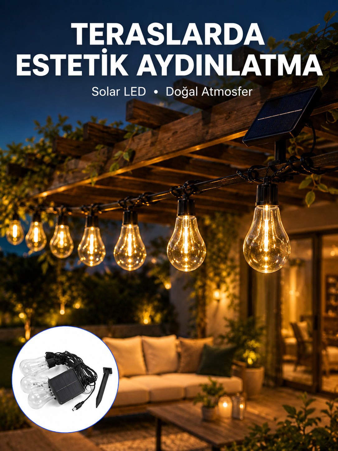 Güneş Enerjili LED Ampul Zincir Işık Sıcak Beyaz Dekoratif Bahçe Aydınlatması - Lisinya Güneş Enerjili LED Ampul Zincir Işık Sıcak Beyaz Dekoratif Bahçe Aydınlatması - Lisinya