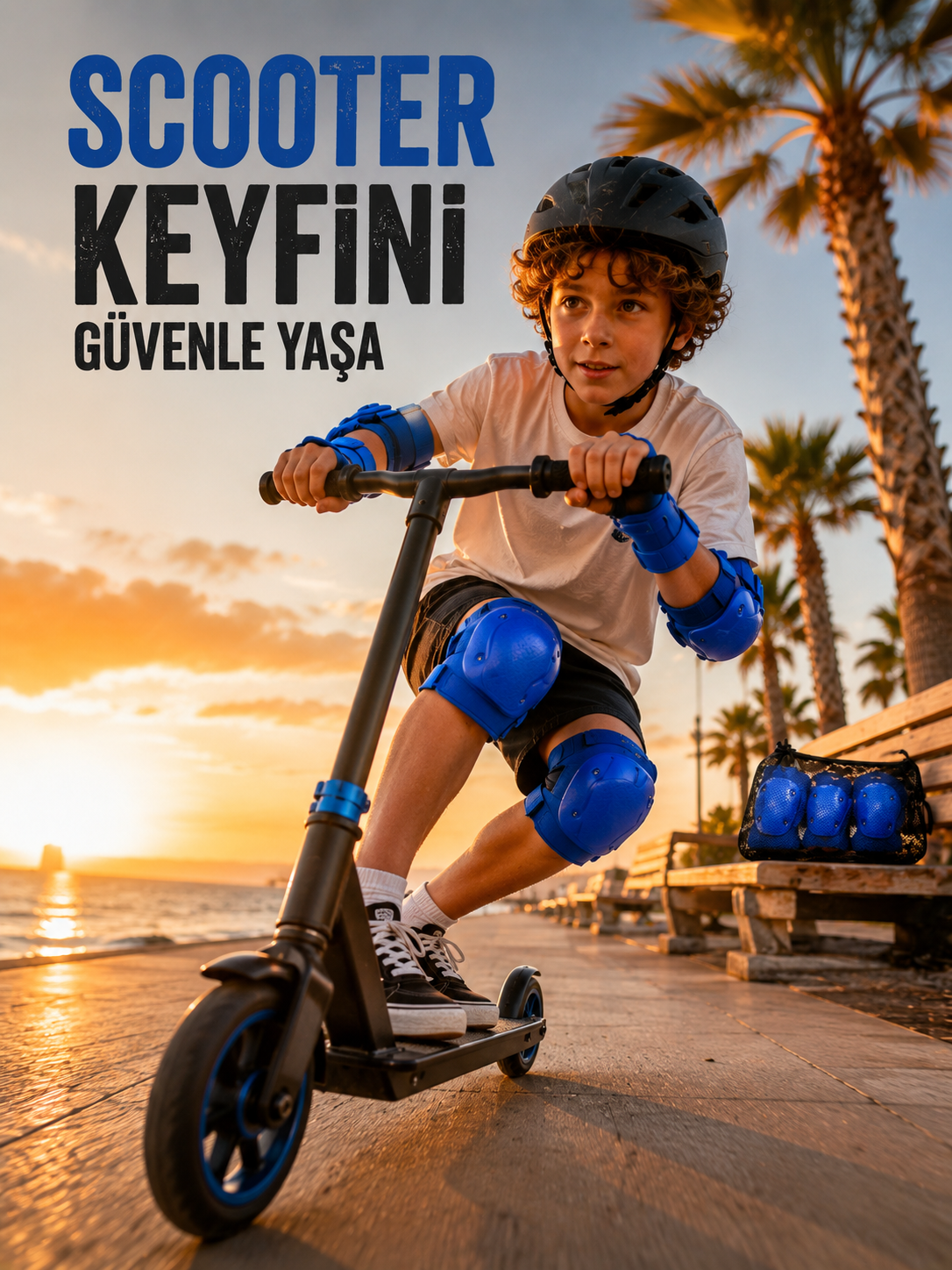 2'li Mavi Çocuk Koruyucu Spor Seti Dizlik Dirseklik El Bilek Koruyucu - Lisinya