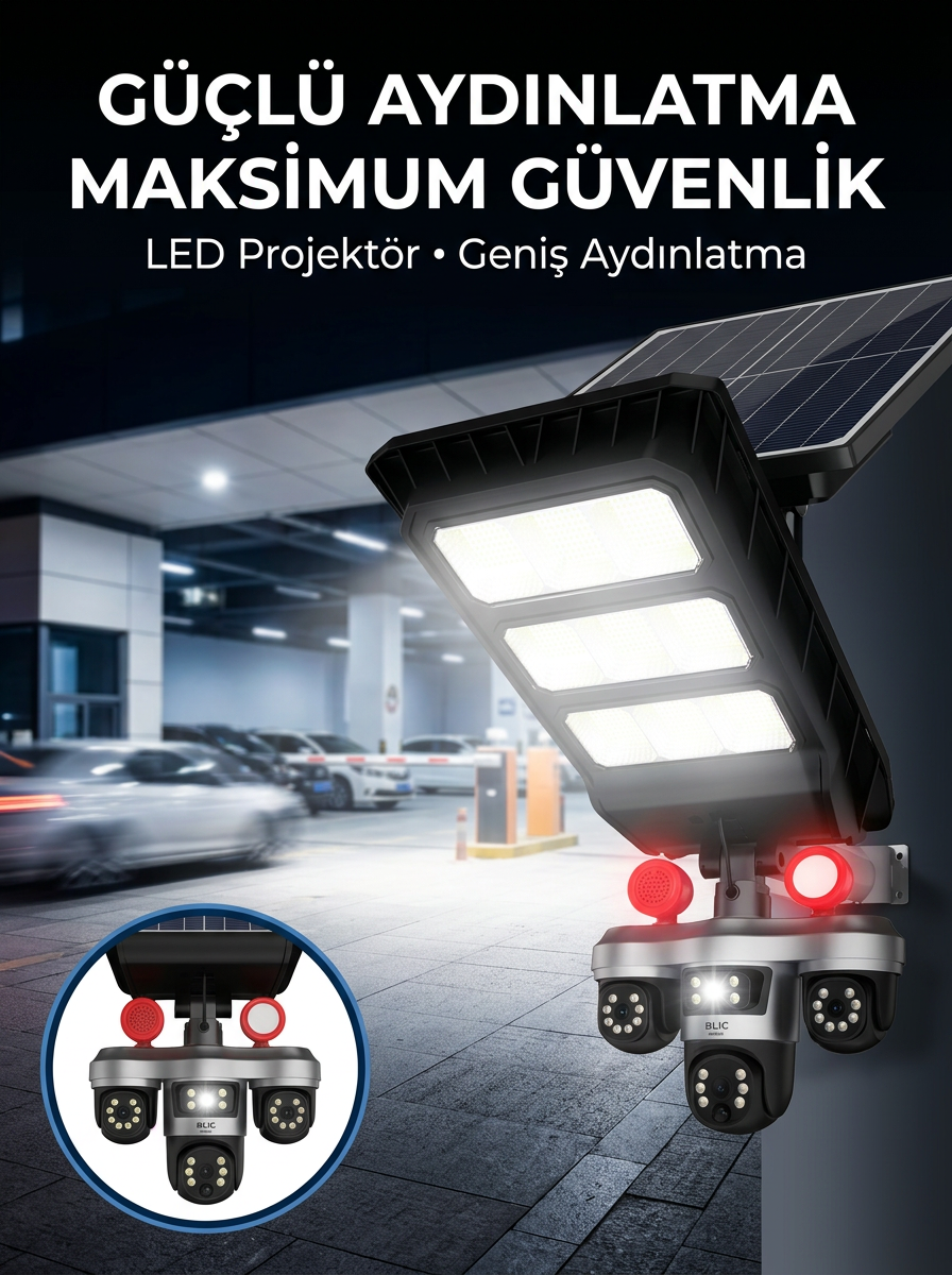 Güneş Enerjili Kablosuz Dış Mekan Güvenlik Kamerası Gece Görüşlü LED Projektörlü - Lisinya