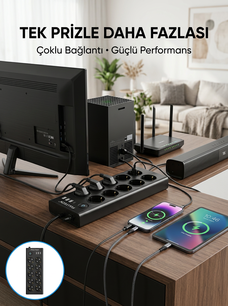 10 Prizli USB Destekli Çoklu Priz Type-C Şarj Girişli Güvenli Güç Ünitesi - Lisinya 10 Prizli USB Destekli Çoklu Priz Type-C Şarj Girişli Güvenli Güç Ünitesi - Lisinya