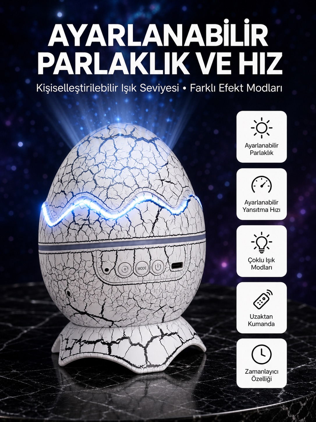 Dinozor Yumurtası Tasarımlı Projektörlü Gece Lambası - Lisinya Dinozor Yumurtası Tasarımlı Projektörlü Gece Lambası - Lisinya
