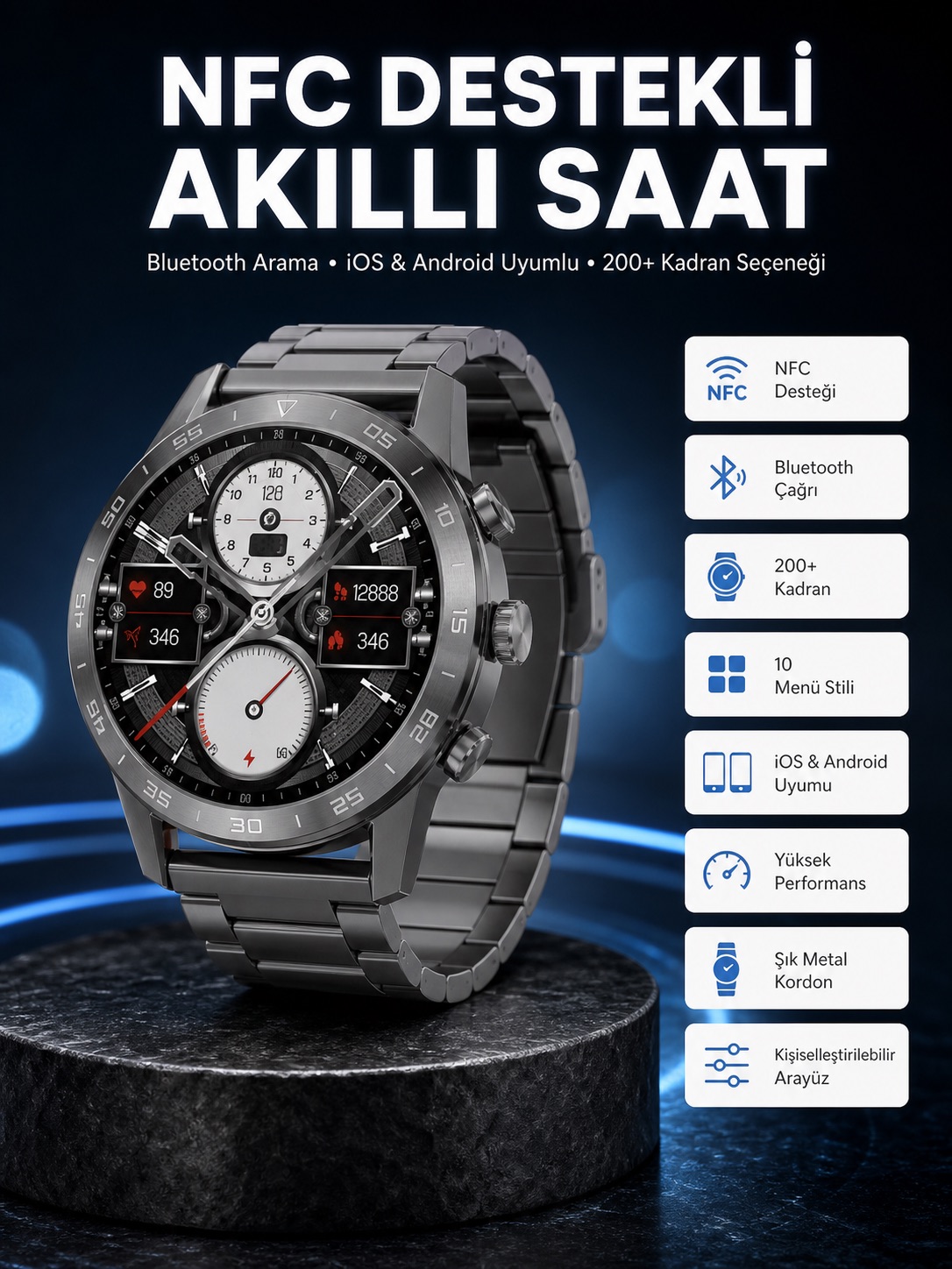 Akıllı Saat Çelik Kordon Çağrı Cevaplama Amoled Ekran Titreşimli Uyku ve Sağlık Takibi - Lisinya