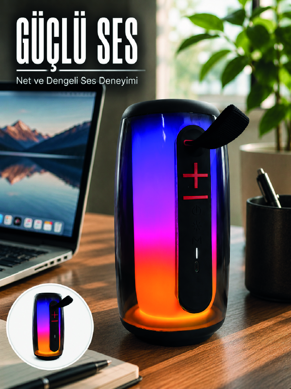 RGB Işıklı Bluetooth Hoparlör Güçlü Ses Type-C Şarjlı Taşınabilir Kablosuz Speaker - Lisinya