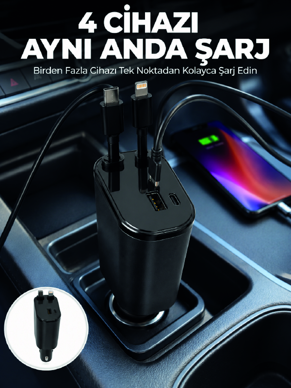 120W Hızlı Şarj Destekli 4'ü 1 Arada Araç Şarj Cihazı Type-C, Lightning, USB ve USB-C Çıkışlı - Lisinya