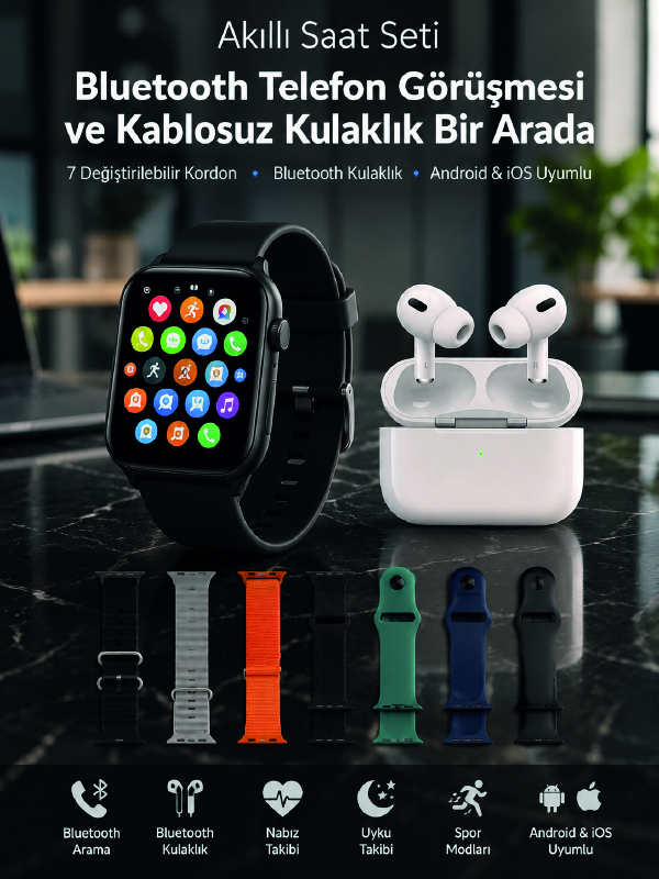 Bluetooth Telefon Görüşmeli Akıllı Saat Seti Kablosuz Bluetooth Kulaklık 7 Değiştirilebilir Kordon - Lisinya