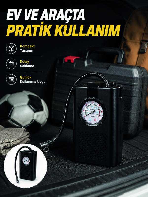 Taşınabilir Araç Hava Pompası Analog Manometreli Lastik Şişirme Pompası - Lisinya