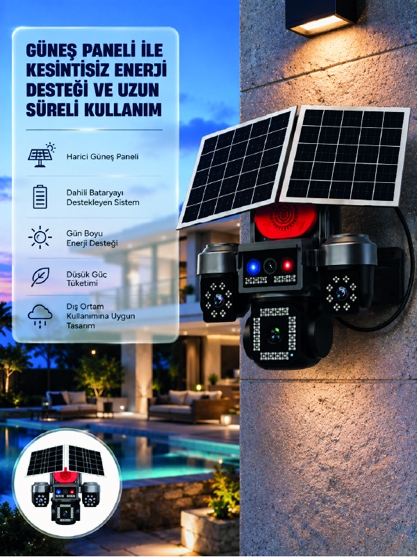 Güneş Enerjili 4 Lensli Dış Mekan Güvenlik Kamerası IP66 Su Geçirmez - Lisinya Güneş Enerjili 4 Lensli Dış Mekan Güvenlik Kamerası IP66 Su Geçirmez - Lisinya