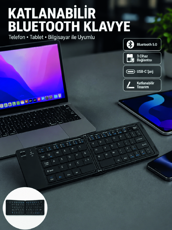 Katlanabilir Bluetooth Klavye 3 Cihaz Bağlantılı Kablosuz Taşınabilir Klavye - Lisinya Katlanabilir Bluetooth Klavye 3 Cihaz Bağlantılı Kablosuz Taşınabilir Klavye - Lisinya
