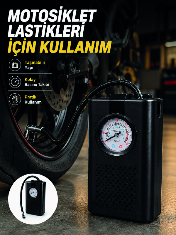 Araç Lastik Şişirme Pompası Taşınabilir Analog Basınç Göstergeli Hava Kompresörü - Lisinya