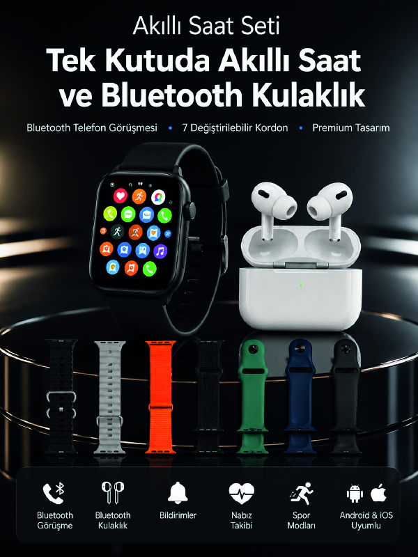 7 Kordonlu Akıllı Saat ve Bluetooth Kulaklık Seti Nabız Takibi, Bildirimler ve Spor Modları - Lisinya