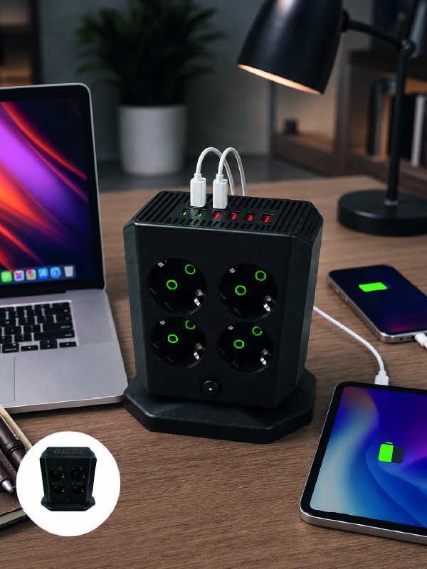 8'li Dikey Çoklu Priz 4 USB 2 Type-C Girişli Akım Korumalı Uzatma Prizi - Lisinya 8'li Dikey Çoklu Priz 4 USB 2 Type-C Girişli Akım Korumalı Uzatma Prizi - Lisinya