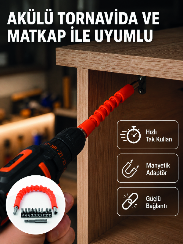 Esnek Bits Uç Seti 12 Parça Manyetik Adaptörlü Matkap Tornavida Aksesuarı - Lisinya