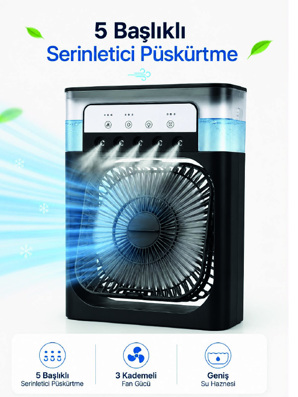Püskürtmeli Masaüstü Fan 5 Başlıklı Serinletici, 600 ml Su Haznesi, 3 Kademe Fan, Type-C Bağlantı - Lisinya Püskürtmeli Masaüstü Fan 5 Başlıklı Serinletici, 600 ml Su Haznesi, 3 Kademe Fan, Type-C Bağlantı - Lisinya