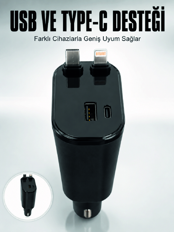 Araç Çakmaklık Şarj Cihazı 120W Type-C & Lightning Kablolu Çoklu Hızlı Şarj İstasyonu - Lisinya Araç Çakmaklık Şarj Cihazı 120W Type-C & Lightning Kablolu Çoklu Hızlı Şarj İstasyonu - Lisinya