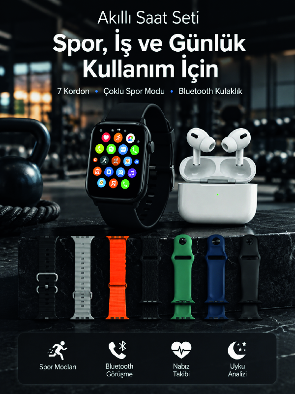 Akıllı Saat, Bluetooth Kulaklık ve 7 Farklı Kordon Tek Kutuda Günlük Kullanım ve Spor İçin - Lisinya