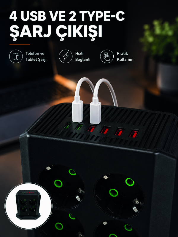 8'li Dikey Çoklu Priz 4 USB 2 Type-C Akım Korumalı Anahtarlı Priz - Lisinya