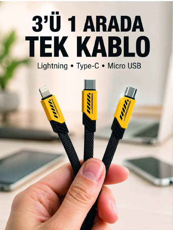 3'lü Şarj Kablosu Hızlı Şarj Destekli Dayanıklı Örgü USB Kablo - Lisinya 3'lü Şarj Kablosu Hızlı Şarj Destekli Dayanıklı Örgü USB Kablo - Lisinya