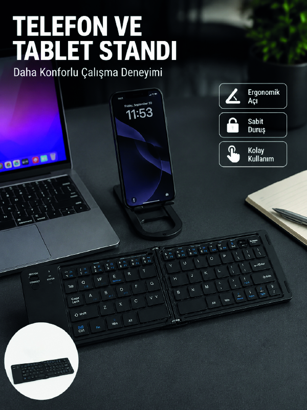 Bluetooth Katlanabilir Klavye USB-C Şarjlı 3 Cihaz Bağlantılı Taşınabilir Klavye - Lisinya Bluetooth Katlanabilir Klavye USB-C Şarjlı 3 Cihaz Bağlantılı Taşınabilir Klavye - Lisinya