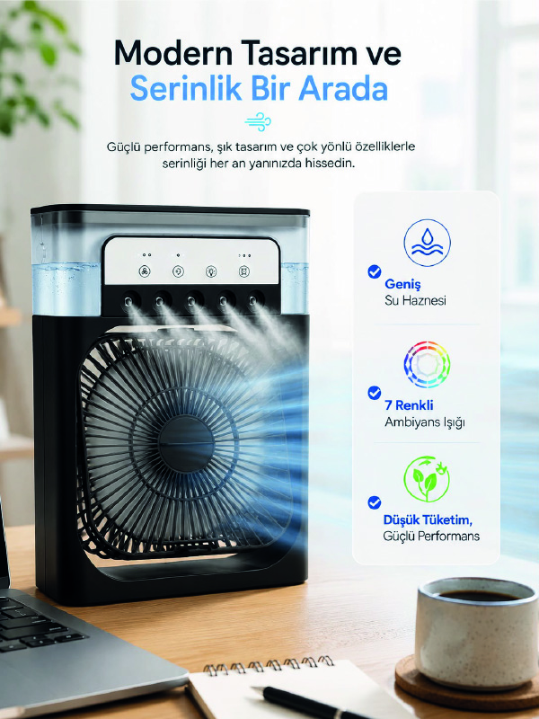 Masaüstü Püskürtmeli Serinletici Fan 5 Sisleme, 3 Fan Hızı, 7 Renk Ambiyans Işığı - Lisinya Masaüstü Püskürtmeli Serinletici Fan 5 Sisleme, 3 Fan Hızı, 7 Renk Ambiyans Işığı - Lisinya