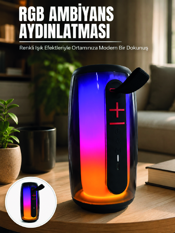 Bluetooth 5.3 RGB LED Işıklı Taşınabilir Hoparlör USB TF Kart AUX Destekli - Lisinya