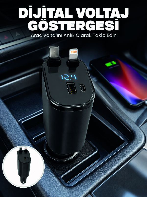 4 Cihazı Aynı Anda Şarj Eden Araç Şarj Cihazı USB-A, USB-C, Type-C ve Lightning Destekli - Lisinya 4 Cihazı Aynı Anda Şarj Eden Araç Şarj Cihazı USB-A, USB-C, Type-C ve Lightning Destekli - Lisinya