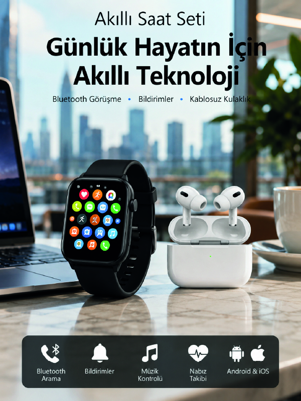 Bluetooth Arama Özellikli Akıllı Saat Seti Kablosuz Kulaklık Hediyeli, Android & iOS Uyumlu - Lisinya