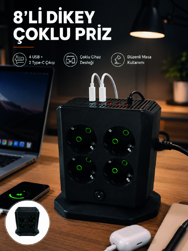 8'li Dikey Çoklu Priz 4 USB 2 Type-C Girişli Akım Korumalı Uzatma Prizi - Lisinya