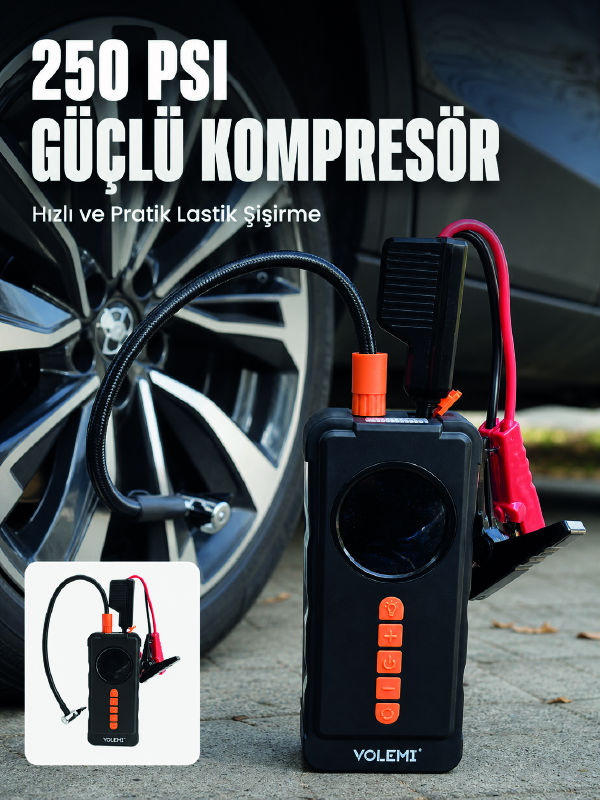 Dijital Araç Kompresörü 4 Fonksiyonlu Akü Takviye Lastik Şişirme Powerbank ve LED El Feneri - Lisinya