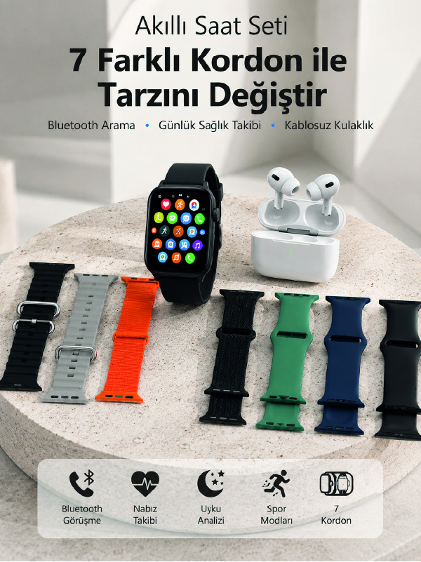 Bluetooth Görüşme Destekli Akıllı Saat Seti Kablosuz Kulaklık, 7 Kordon ve Çoklu Spor Modu - Lisinya