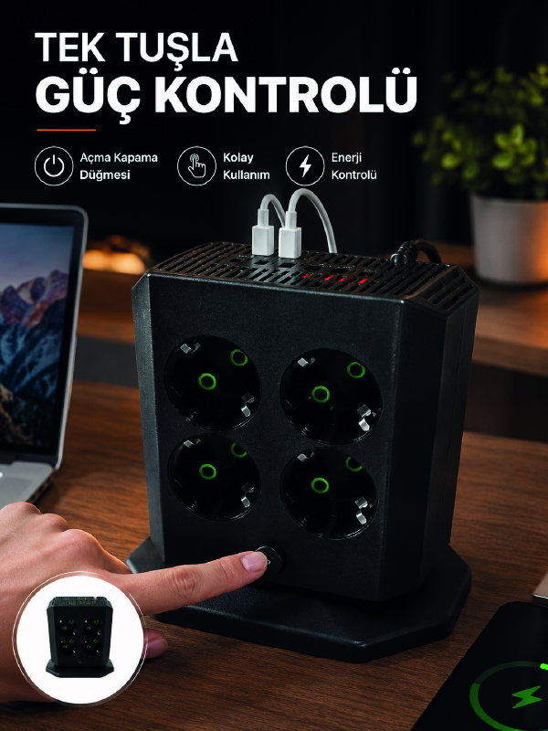 Akım Korumalı 8'li Dikey Priz 4 USB 2 Type-C Hızlı Şarj Destekli Çoklu Priz - Lisinya Akım Korumalı 8'li Dikey Priz 4 USB 2 Type-C Hızlı Şarj Destekli Çoklu Priz - Lisinya