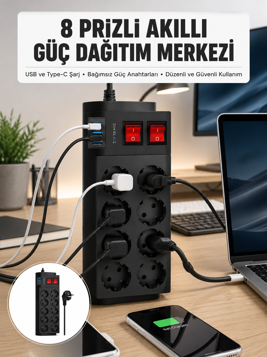2 Metre Güçlü Çoklu Priz 8 Soket Yeni Nesil - Lisinya 2 Metre Güçlü Çoklu Priz 8 Soket Yeni Nesil - Lisinya