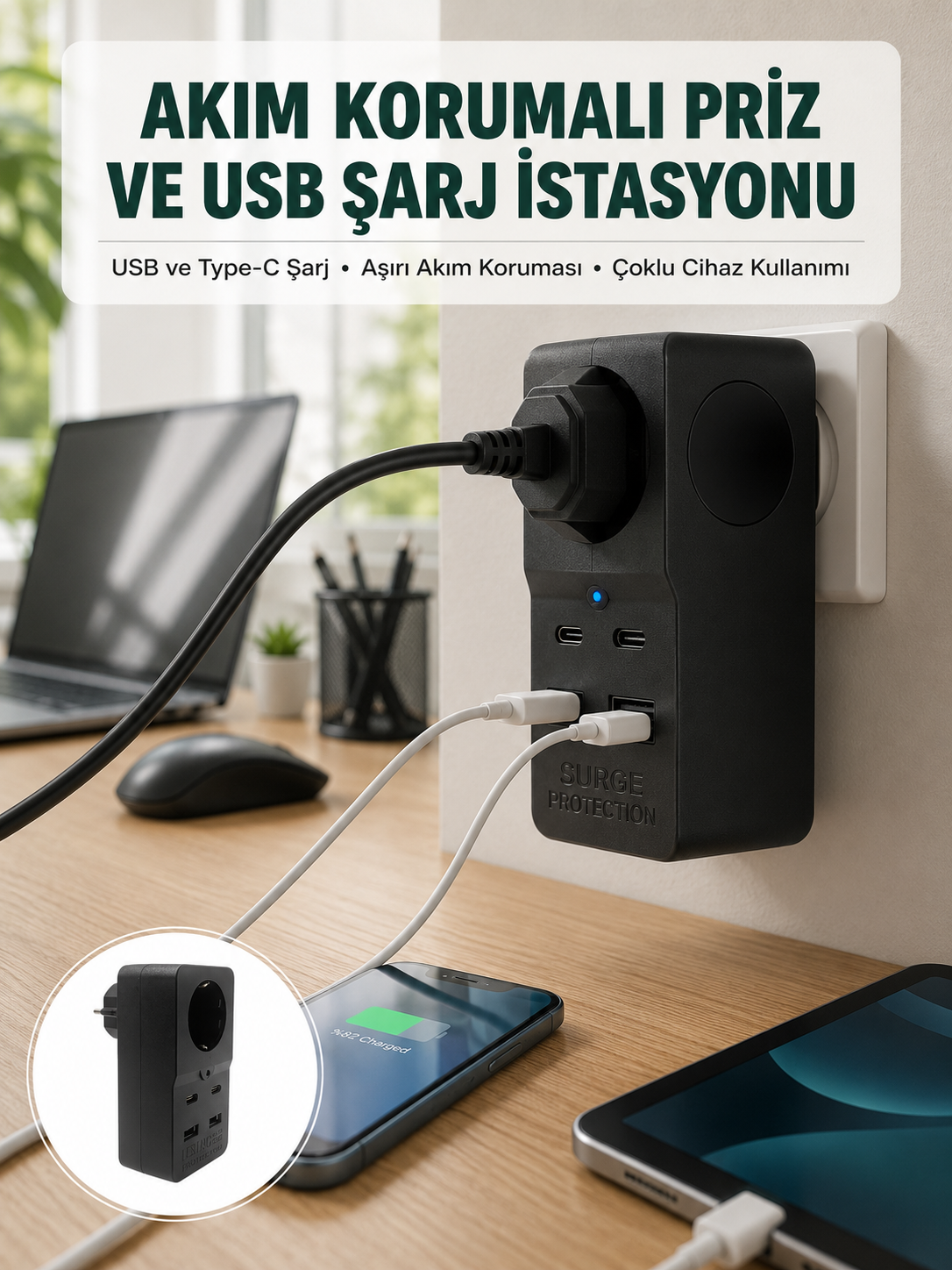 Isıya Dayanıklı PC Gövdeli Akım Korumalı Priz 4 USB Yeni Nesil - Lisinya