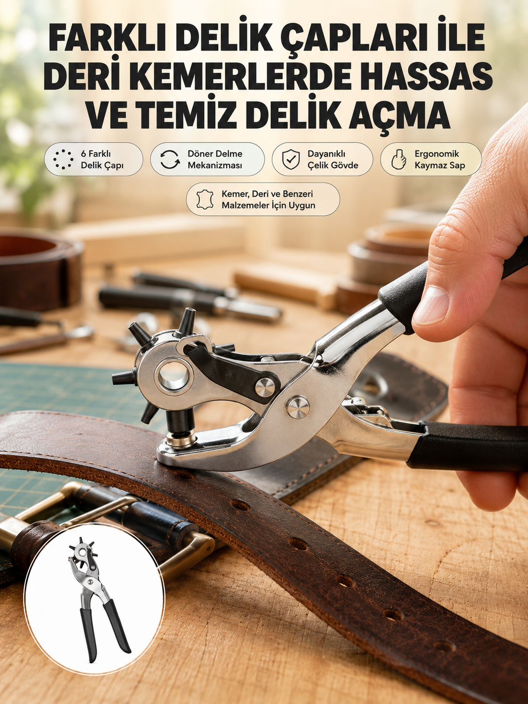 Deri Delme Pensesi 6 Uçlu Ayarlanabilir Kemer Delme Aleti Profesyonel Kullanım - Lisinya