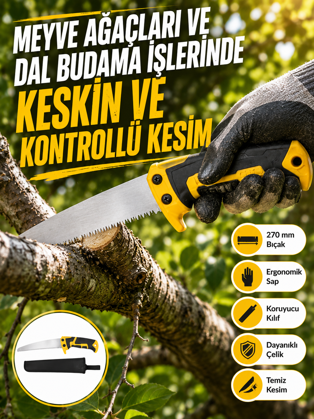 Kılıflı Budama Bahçe Testeresi 270 mm Düz Bıçaklı - Lisinya