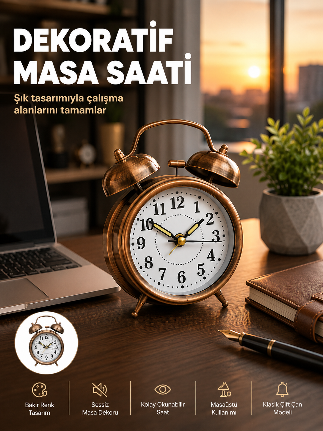 Retro Tarz Bronz Dekoratif Masa Saati Metal Gövde Yüksek Sesli Alarm - Lisinya
