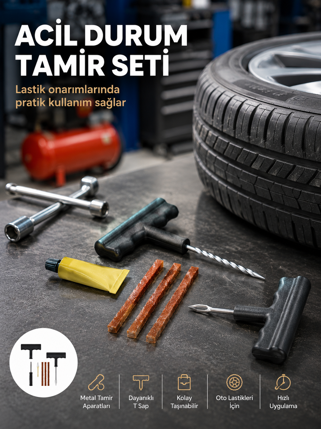 Acil Durumların Kurtarıcısı Çok Amaçlı Lastik Tamir Seti - Lisinya