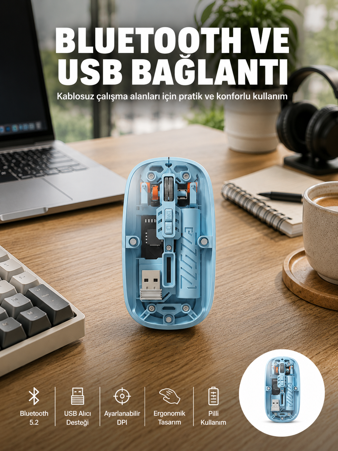 Bluetooth 5.2 Destekli Mavi Pilli Kablosuz Mouse Yeni Nesil - Lisinya Bluetooth 5.2 Destekli Mavi Pilli Kablosuz Mouse Yeni Nesil - Lisinya