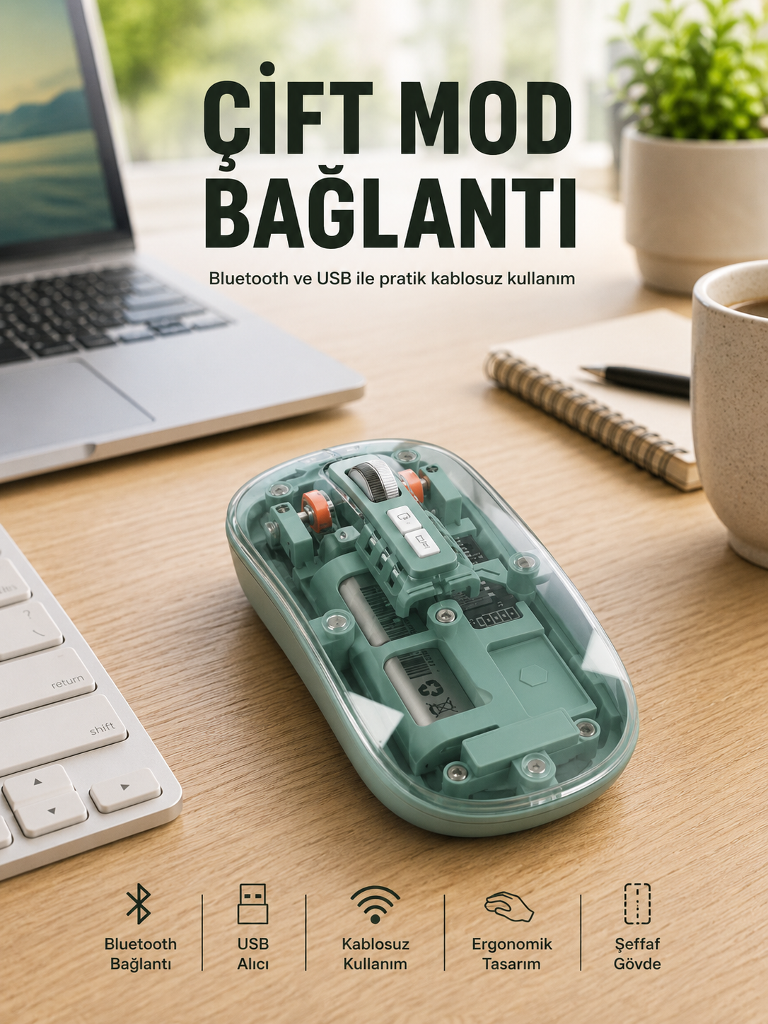 Pilli Kablosuz Mouse Bluetooth ve USB Uyumlu Sessiz Tıklama Yeni Nesil - Lisinya