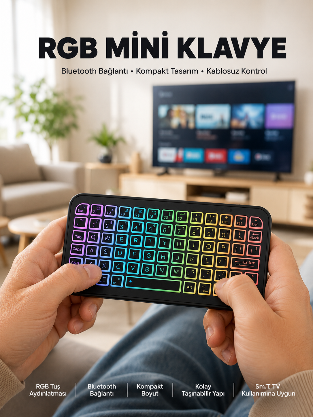 Kompakt Siyah RGB Işıklı Bluetooth Mini Klavye - Lisinya Kompakt Siyah RGB Işıklı Bluetooth Mini Klavye - Lisinya