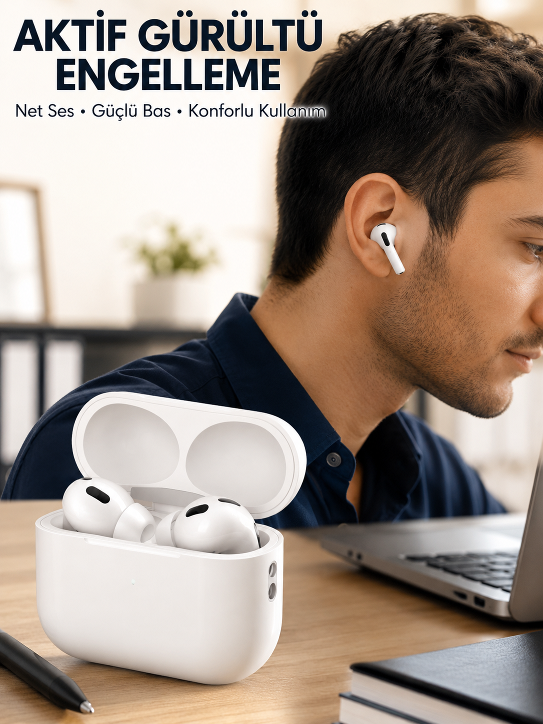 Aktif Gürültü Engelleyici Kablosuz Bluetooth Kulaklık – Şarj Kutulu, Uzun Ömürlü Yeni Nesil - Lisinya