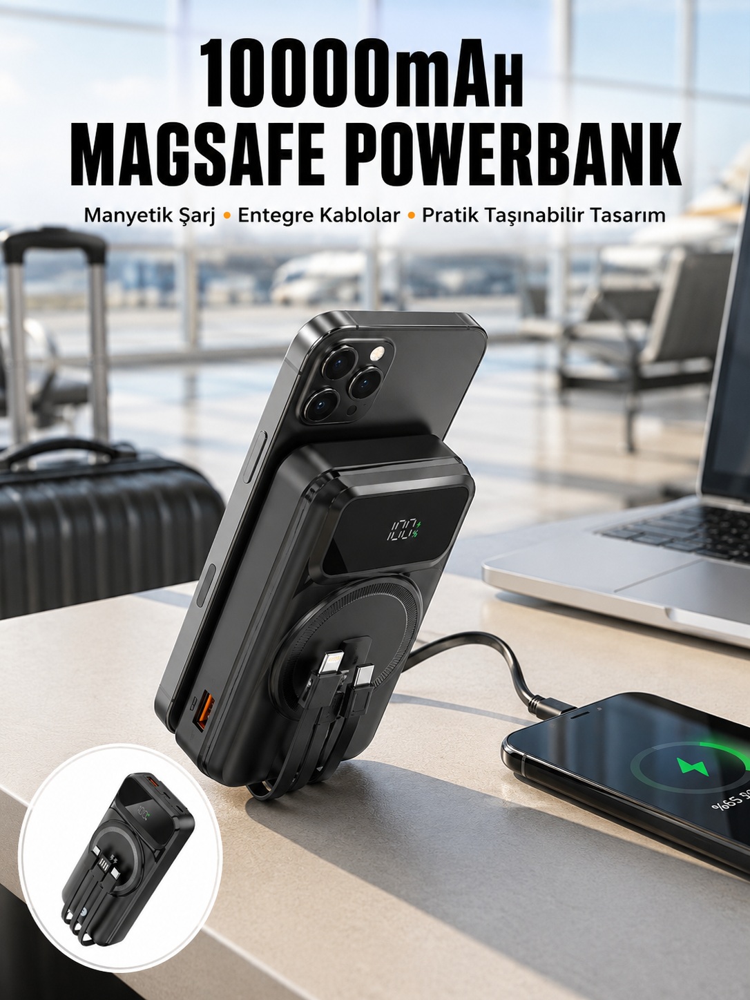 15W Kablosuz Hızlı Şarjlı 10000 mAh Powerbank – Taşınabilir, LED Göstergeli - Lisinya