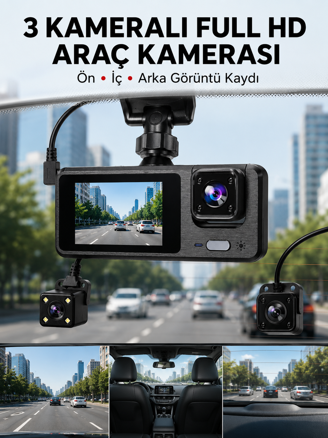 3 Kanallı Araç DVR – Ön + İç + Arka Kamera ile Tam Kapsama, Yüksek Güvenlik Yeni Nesil - Lisinya