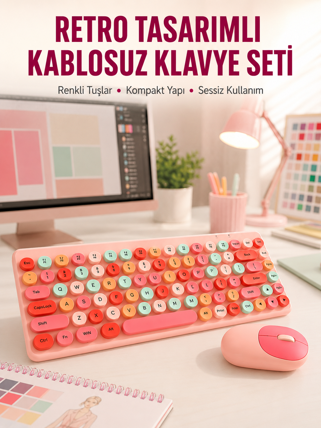 Renkli Retro Tuş Takımlı Klavye – 3 Cihaz Bağlantısı, Medya Kısayol Tuşları Yeni Nesil - Lisinya