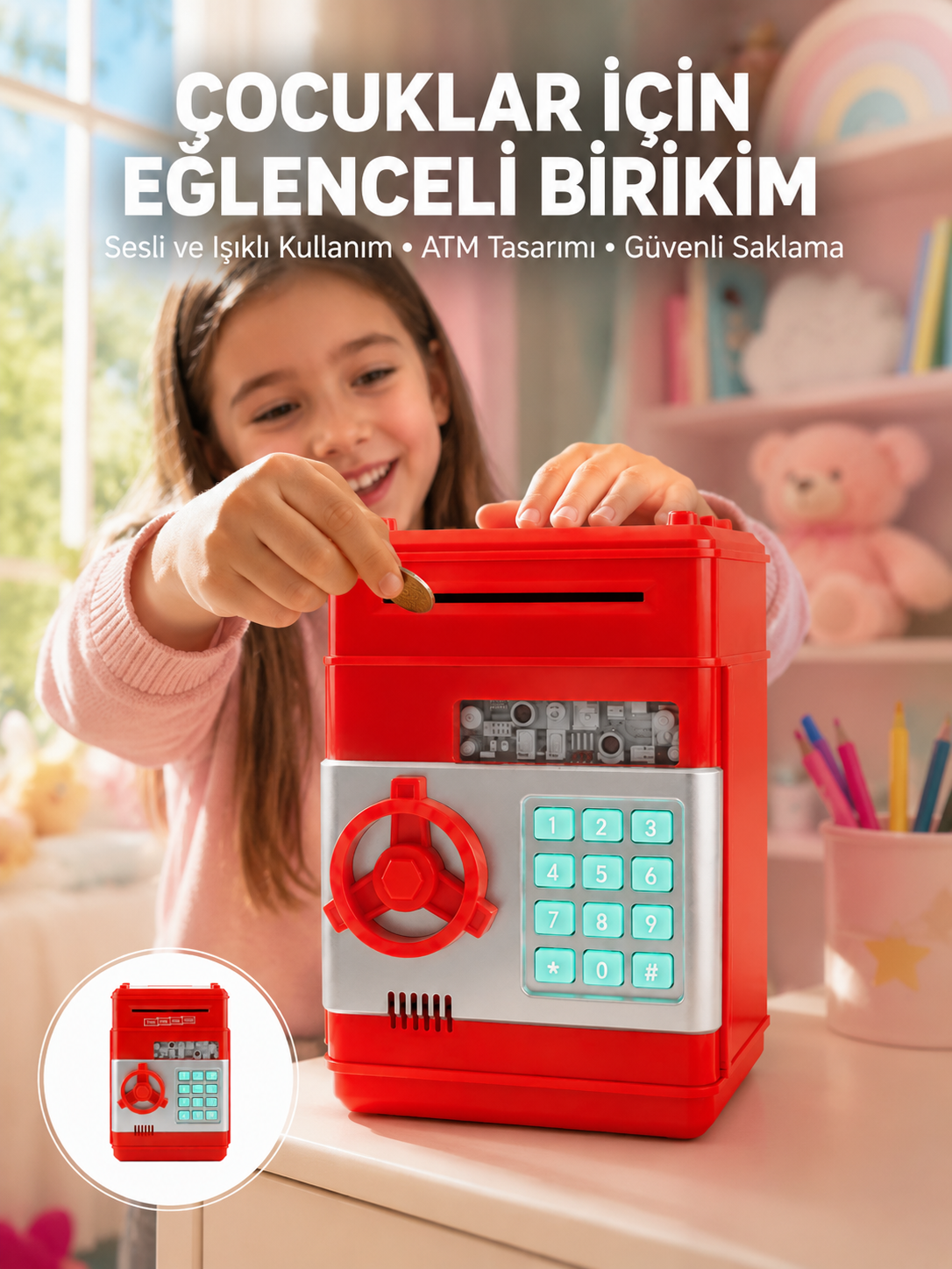 Şifreli Kırmızı ATM Tasarımlı Çelik Kasa Görünümlü Kumbara - Lisinya Şifreli Kırmızı ATM Tasarımlı Çelik Kasa Görünümlü Kumbara - Lisinya