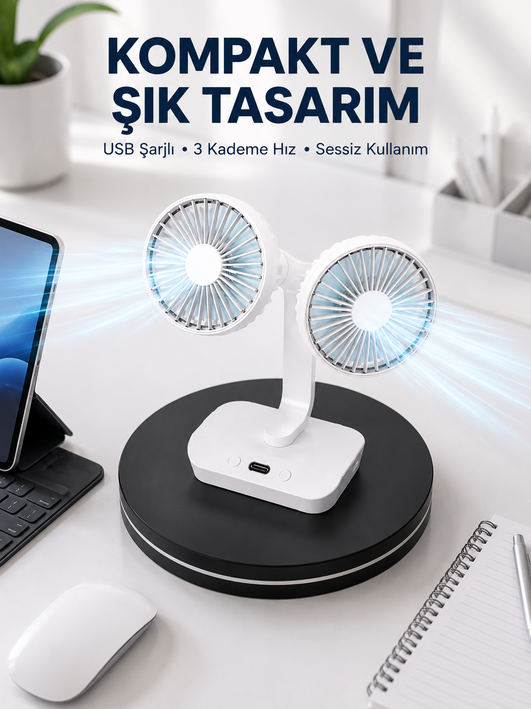 720° Döner Çift Taraflı Masaüstü Vantilatör – USB Şarjlı Sessiz Fan - Lisinya
